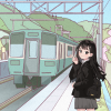 Japansk mangafigur foran et tog