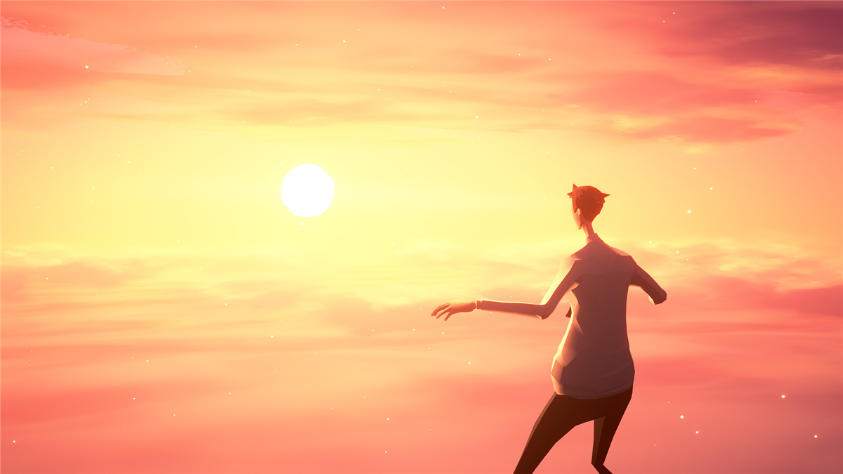 Screenshot fra spillet Mosaic. Solnedgang med person i motlys - Klikk for stort bilde