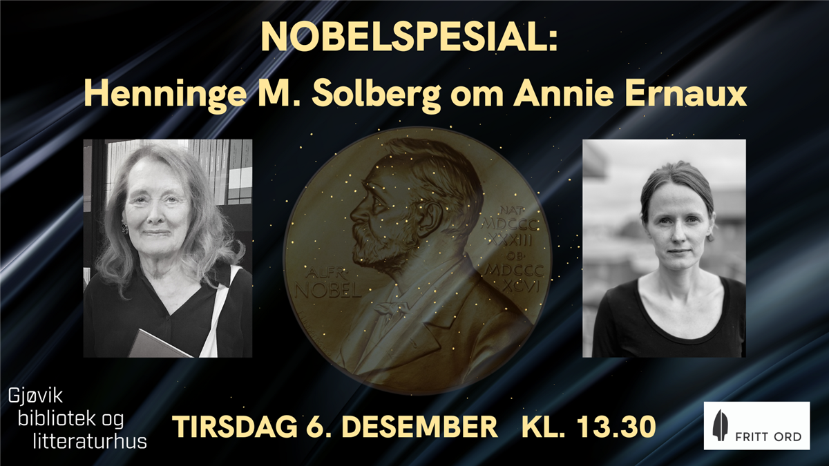 Portretter av Ernaux og Solberg, samt av Nobel-medaljen - Klikk for stort bilde