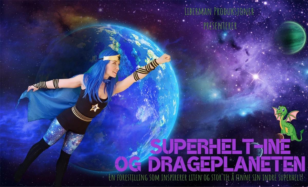 Kvinnelig superhelt med blått hår svever i verdensrommet - Klikk for stort bilde
