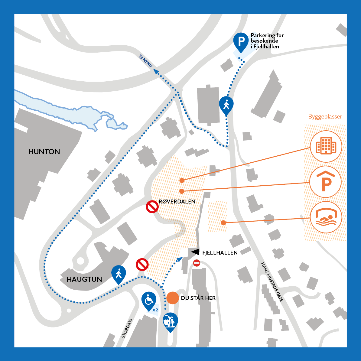 Illustrasjonskart som viser at man nå må gå rundt Haugtun, ikke gjennom Røverdalen - Klikk for stort bilde