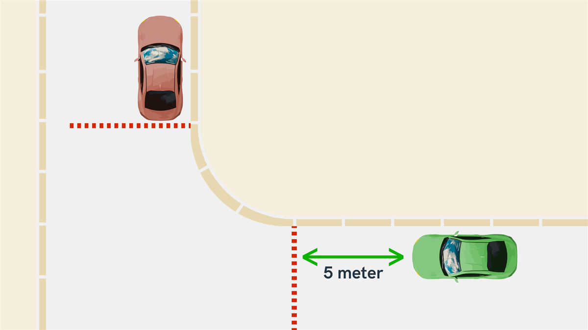 Parker minst 5 meter fra der krysset begynner å kurve. - Klikk for stort bilde